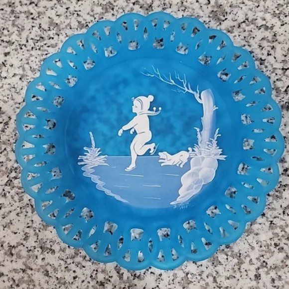 Westmoreland Other - Vintage Westmoreland Glass Lattice Blue glass hand painted boy ice skating plate
